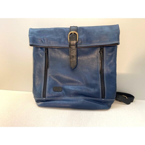 Liodu Blue Leather Backpack With Buckle Strap & Zipper Pockets - Picture 1 of 11